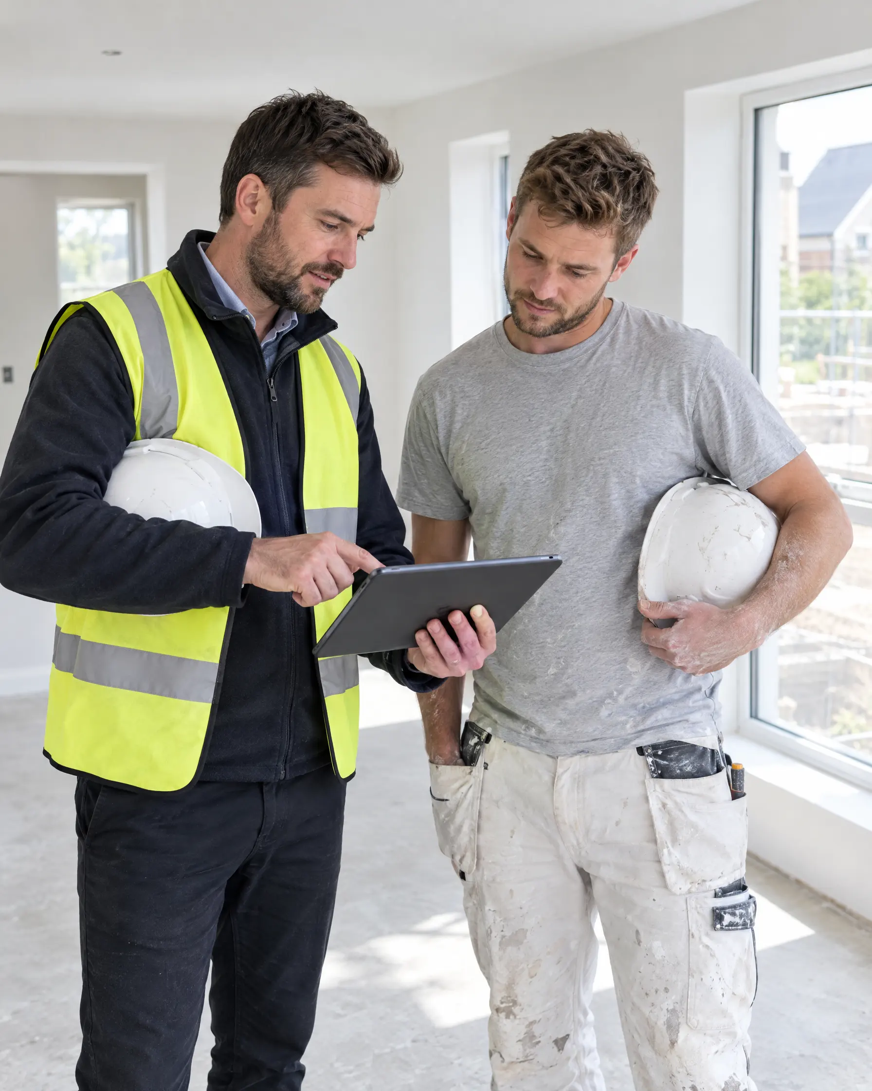 Uitvoerder en stukadoor overleggen de planning met een tablet in een nieuwbouwwoning