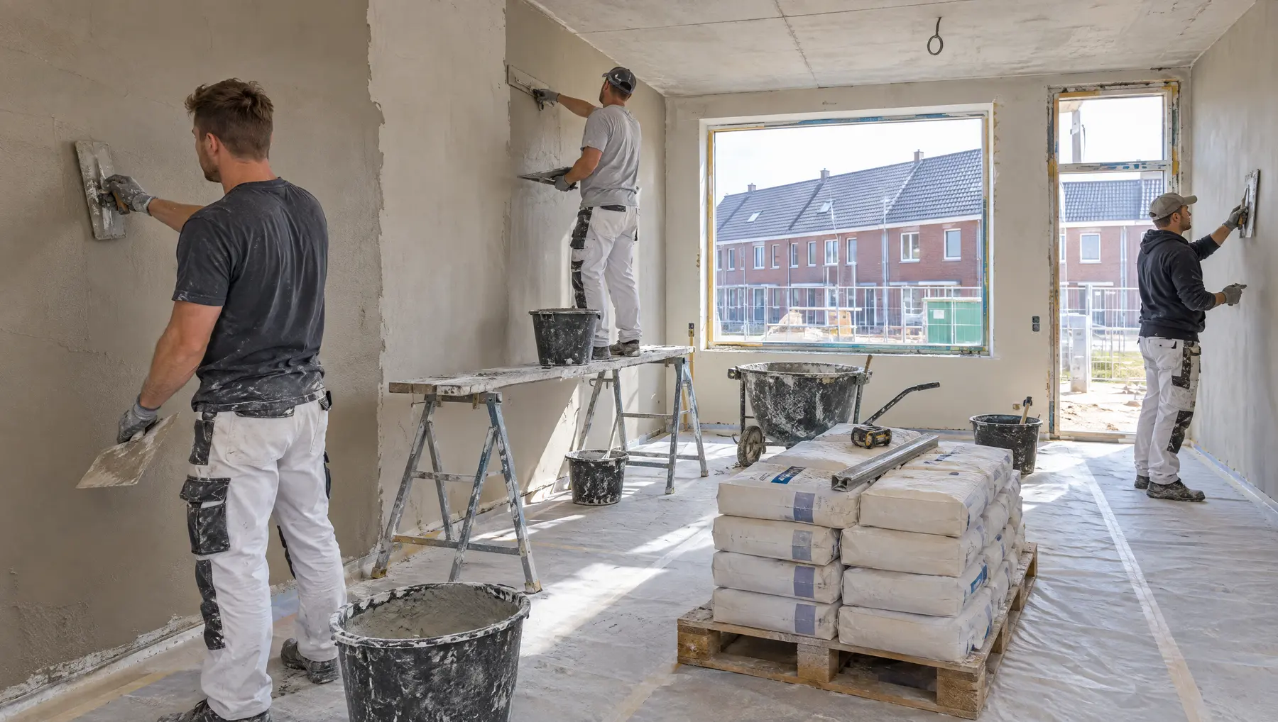 Drie stukadoors werken tegelijk in een nieuwbouwwoning, materiaal netjes op een pallet