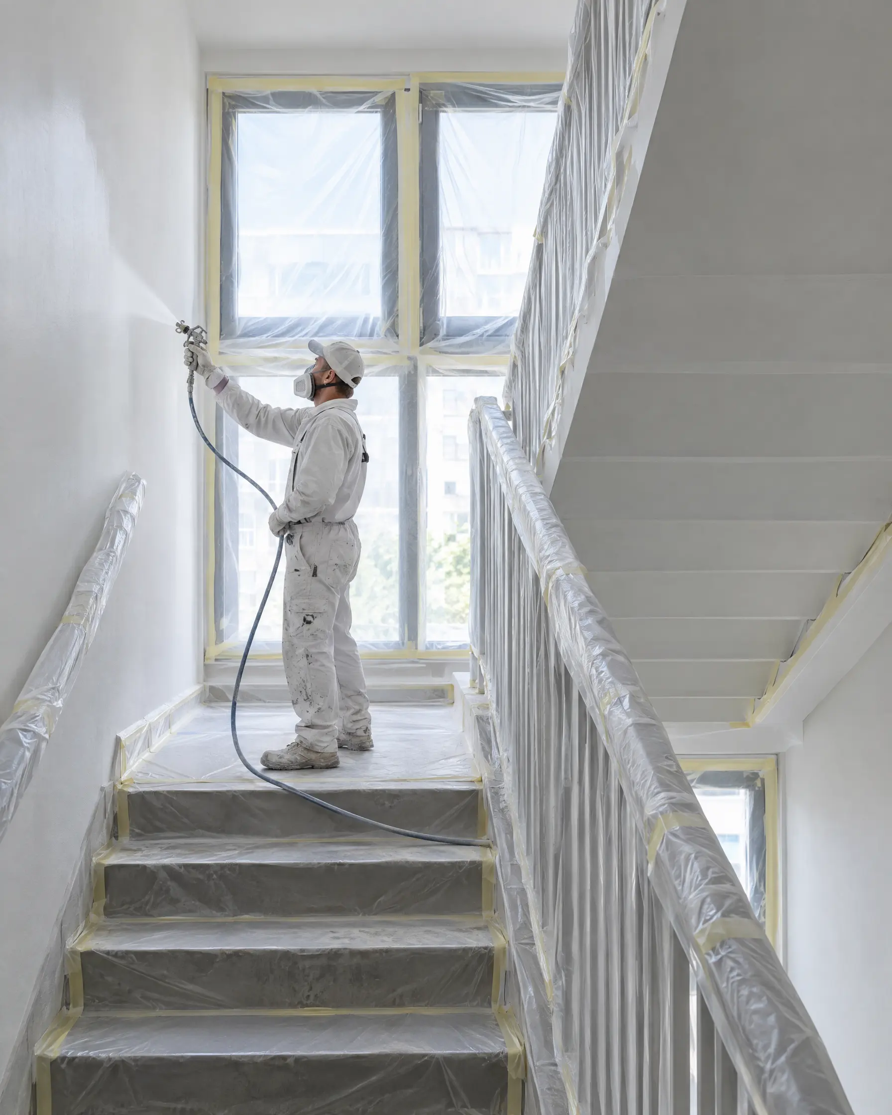 Trappenhuis in nieuwbouw wordt wit gespoten, alles afgeplakt