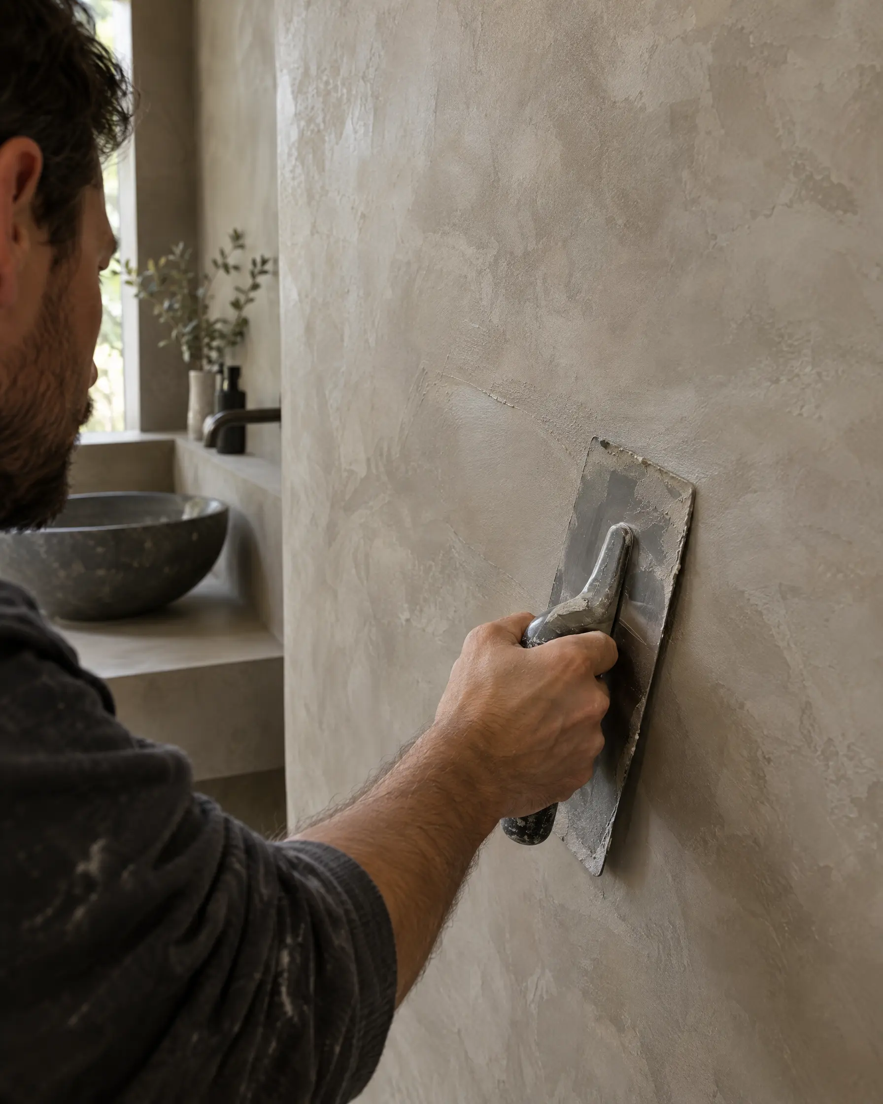 Beton ciré wordt met een flexibele spaan in een dunne laag op een badkamerwand gezet
