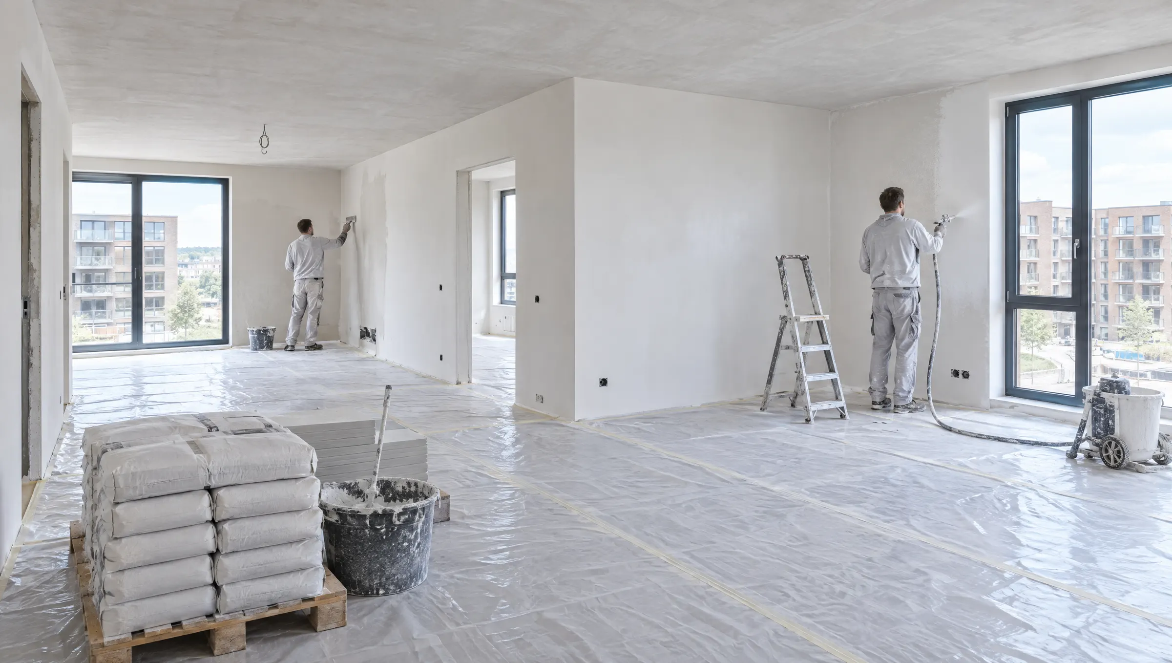 Vakmensen aan het werk in een nieuwbouwappartement met afgedekte vloer