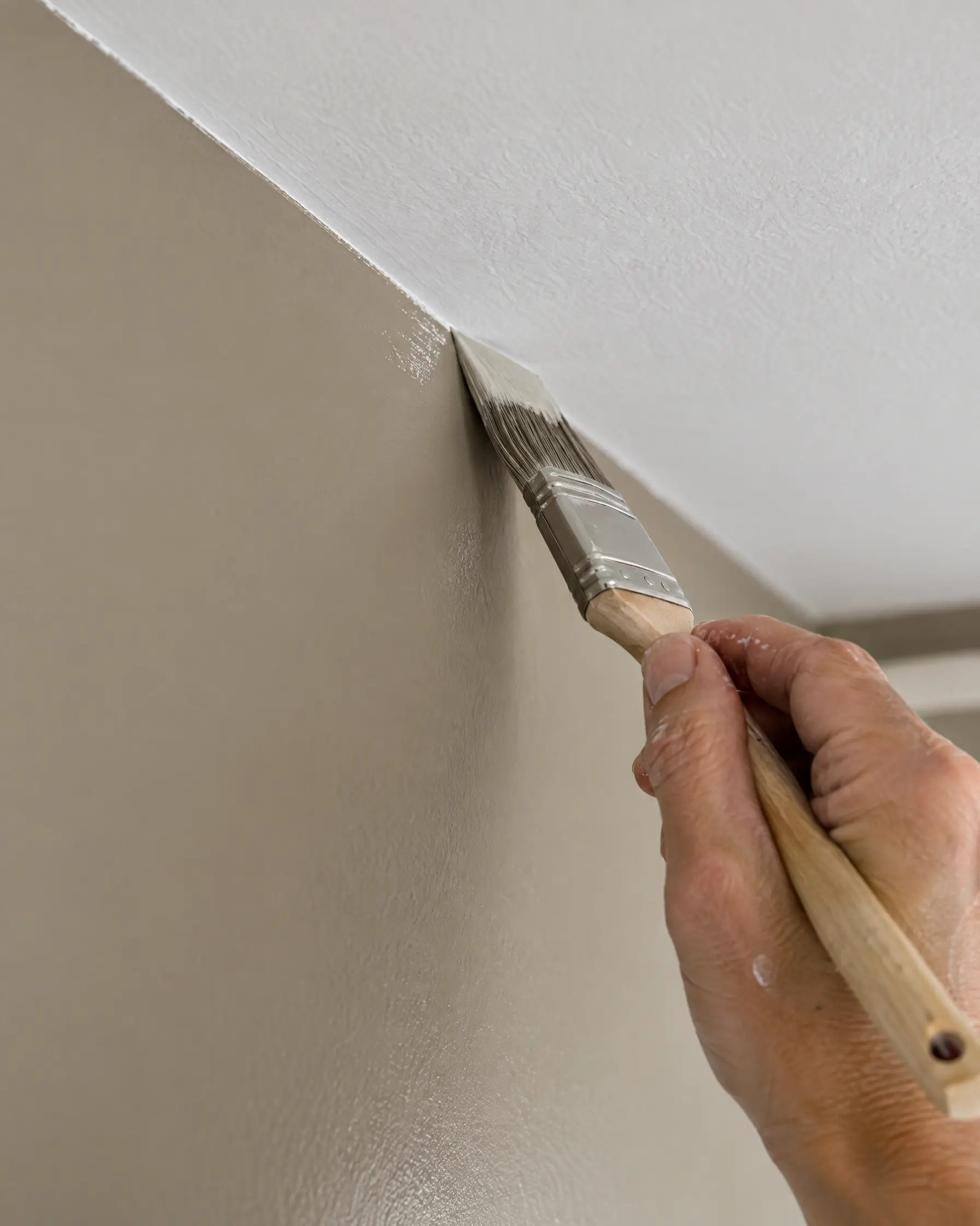 Schilder trekt met een kwast een strakke lijn tussen een greige wand en een wit plafond
