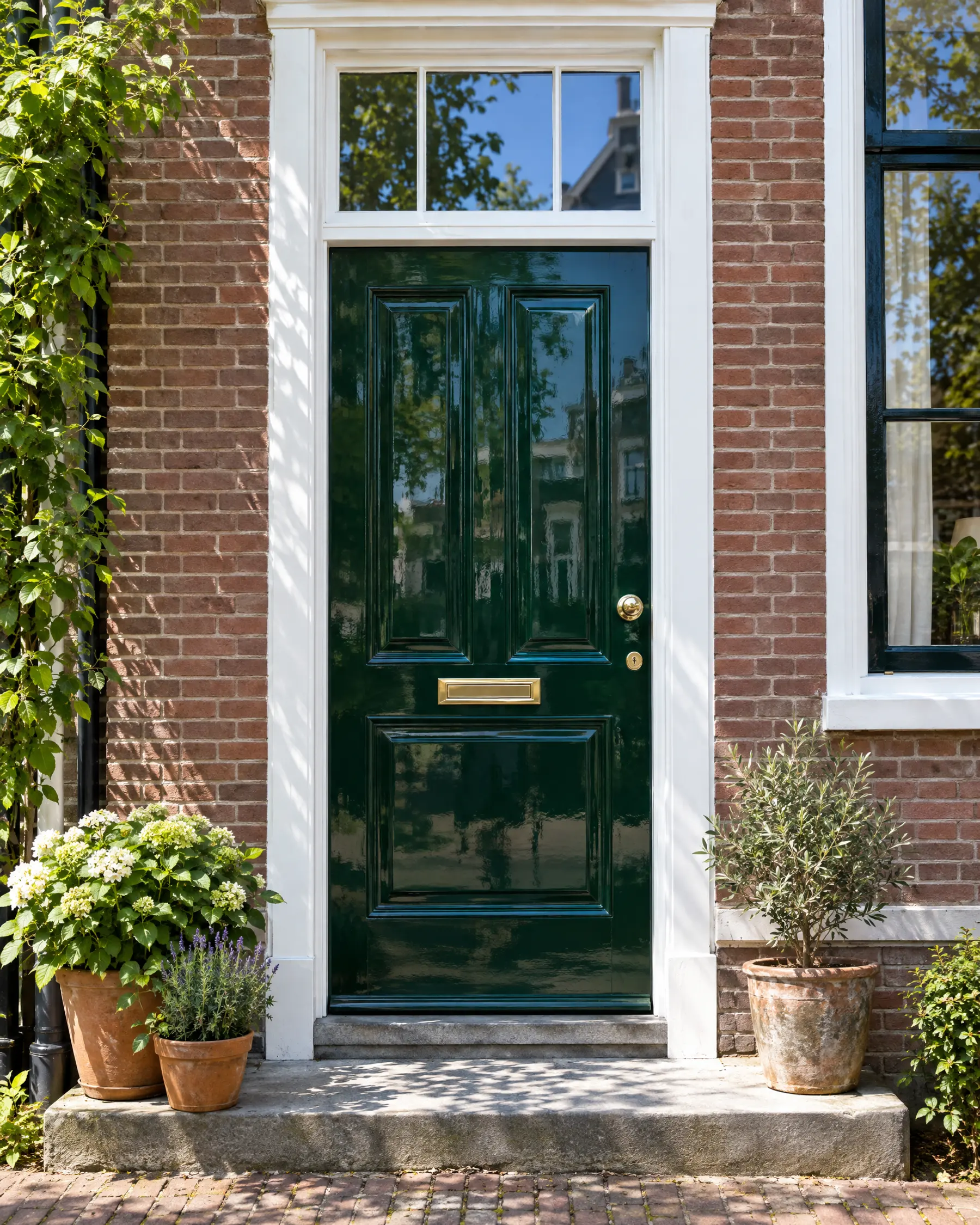 Voordeur van een herenhuis in glanzend flessengroen gelakt