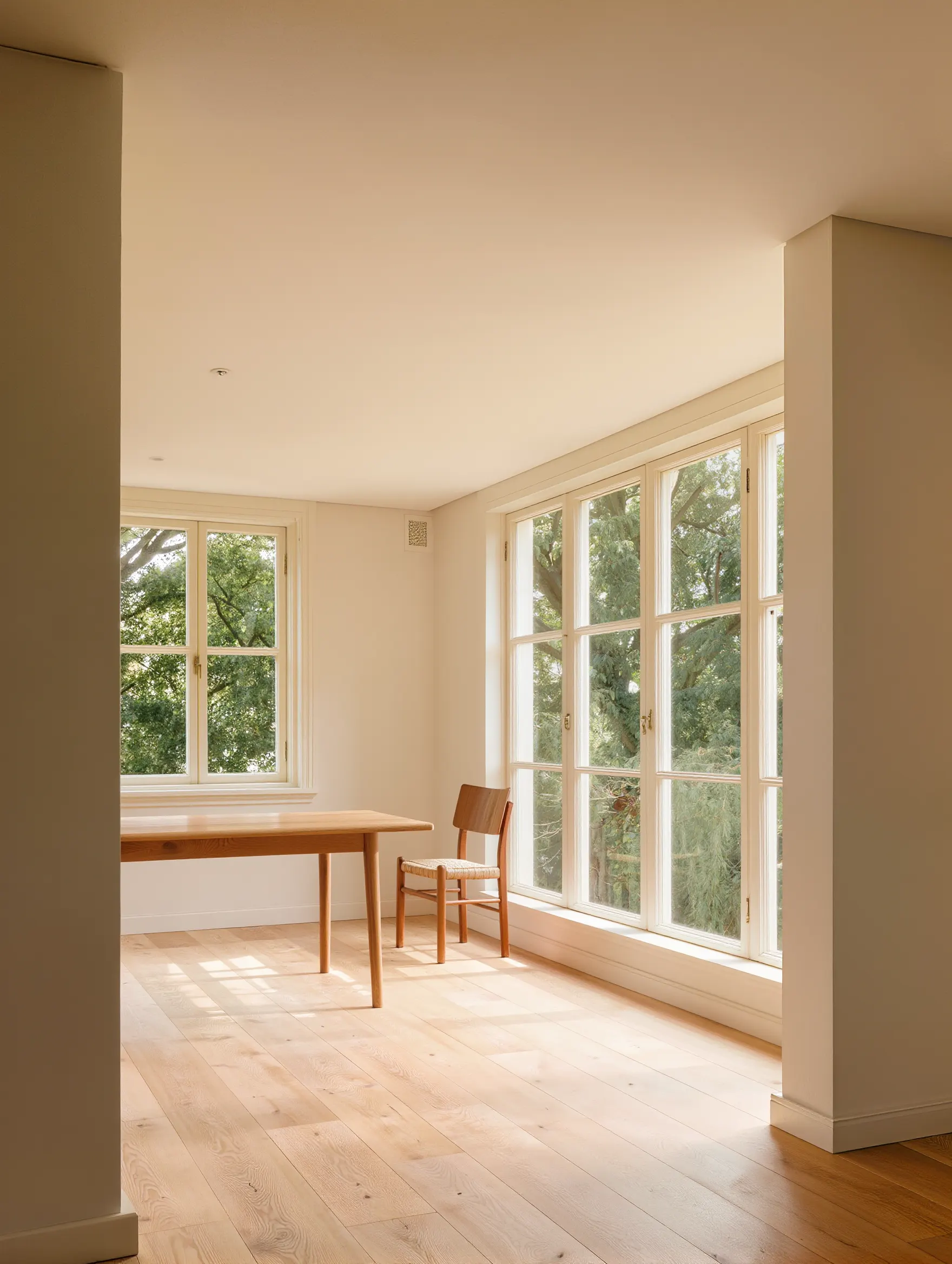 Lichte kamer met strak geschilderde wanden en een schone houten vloer