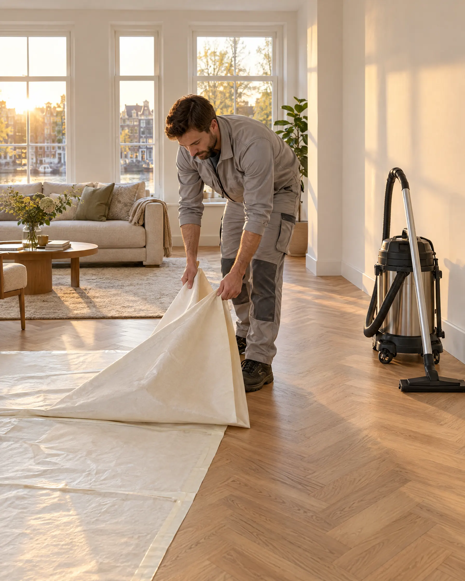 Vakman vouwt de stucloper op, de kamer staat er schoon bij