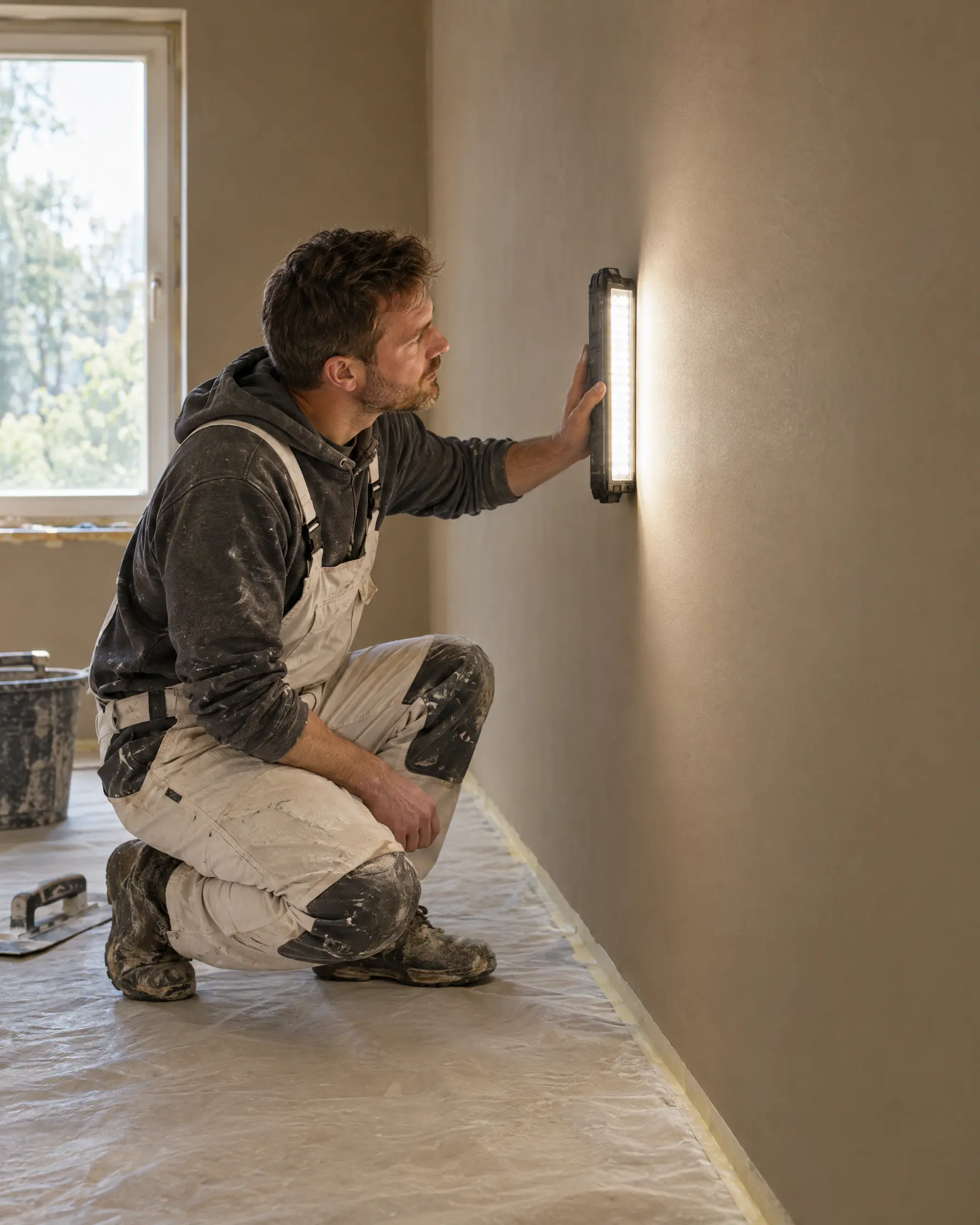 Stukadoor controleert een gladde wand met een lamp in strijklicht
