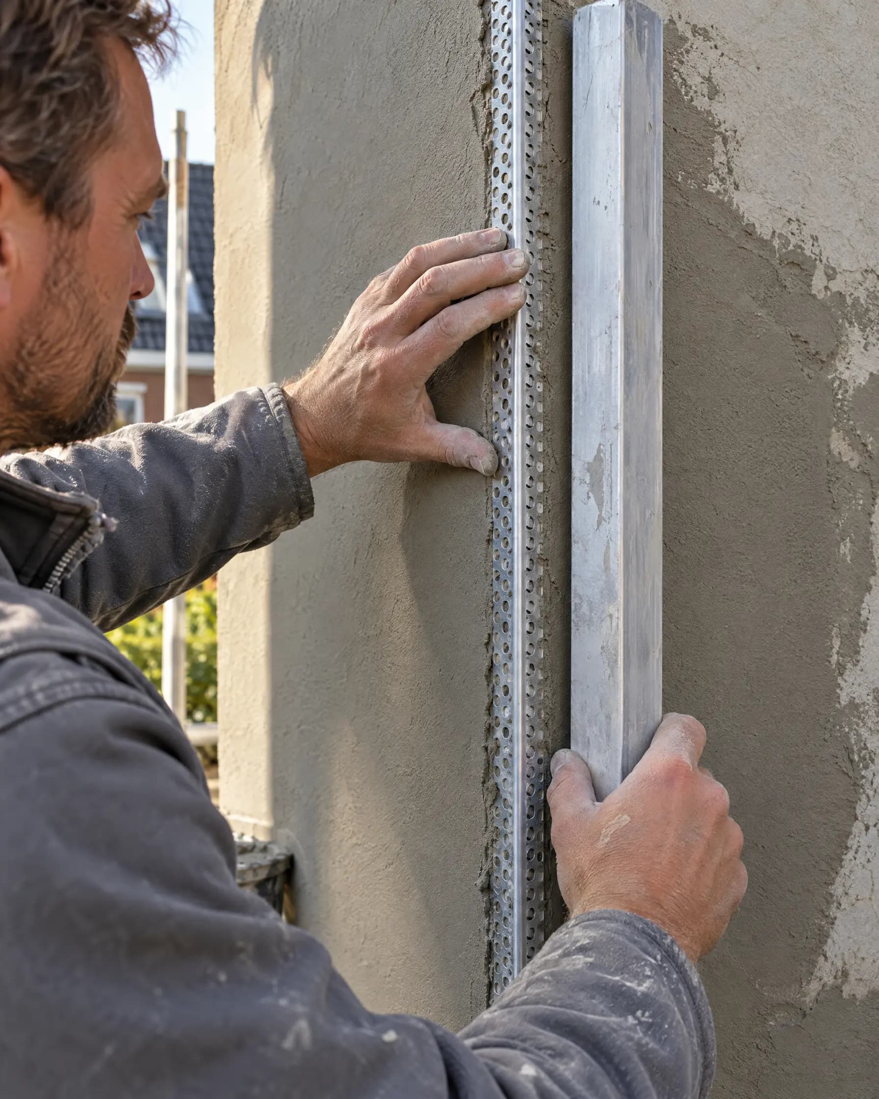 Stukadoor drukt een hoekprofiel in de verse pleister en controleert de hoek met een lange rei