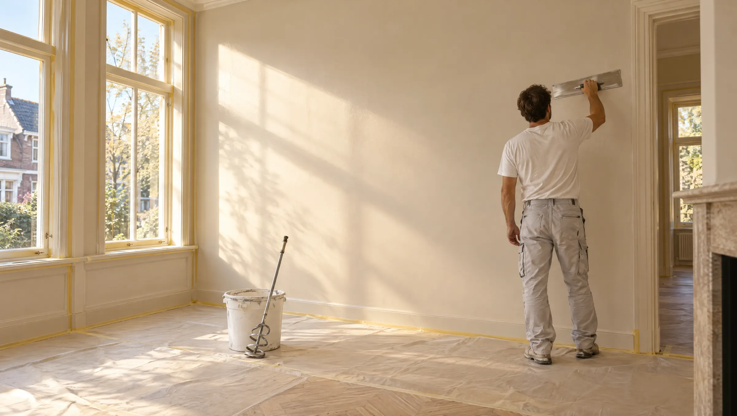 Stukadoor zet een wand glad in een lichte jaren-dertigkamer, de visgraatvloer volledig afgedekt en de kozijnen afgeplakt
