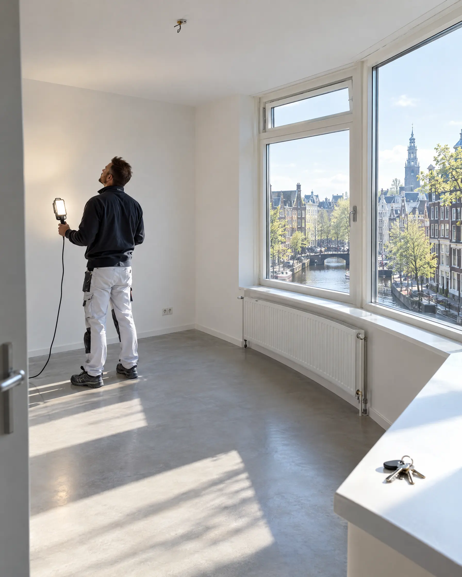 Lege woning met fris witte wanden, vakman doet een eindcontrole met een lamp, sleutels op de vensterbank